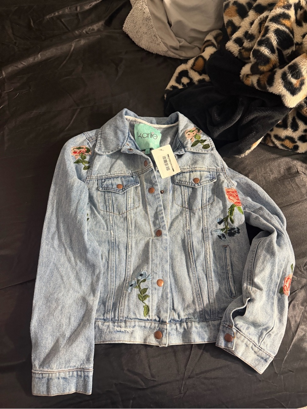 Karlie Light Blue Embroidered Floral Denim Jacket